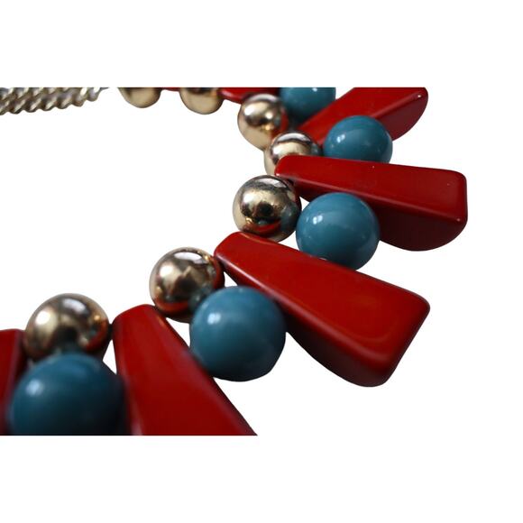 Vintage 90s does 60s MOD Space Age Cherry Red Blue Gold Gumball Bib Necklace - Picture 4 of 5